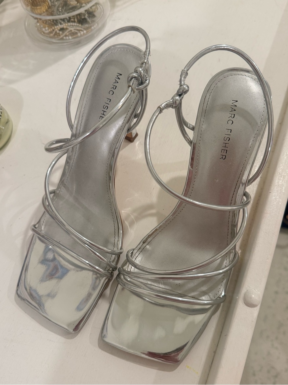Marc Fisher Metallic Silver Strappy Square-Toe Heels